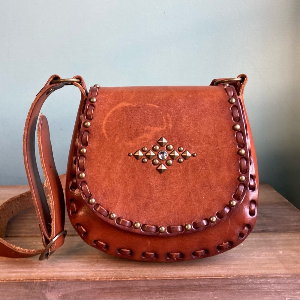 Handmade Western Studded Unlined Leather Crossbody Saddle Bag